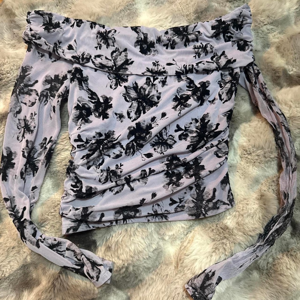 Stitch & Pine Womens Floral Mesh Ruched Off The Shoulder Top Lavender Black XS